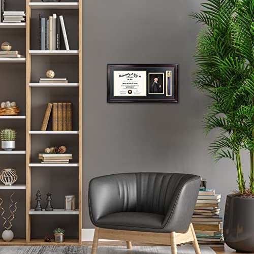 GraduationMall-11x22-Mahogany-Diploma-Frame-with-Tassel-Holder-and-Picture-for-85x11-Certificate-5x7-PhotoReal-GlassBlack-Over-Gold-Mat