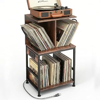 Record Player Stand with Vinyl Storage, Large Record Table Holds 180 Albums, Vinyl Record Storage Stand with USB Charger, Multi-Functional Side Table & Shelf for Living Room Bedroom - Les Beatles, Paul McCartney, John Lennon, RIngo Starr, George Harrison