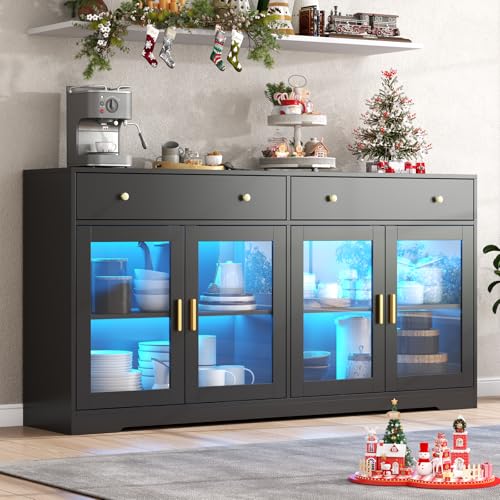 Sideboard Buffet Cabinet with LED Lights, 55.1 Storage Cabinet with 2 Large Drawers & 4 Glass Doors, Modern Kitchen Display Cabinet with Adjustable Shelves, Coffee Bar for Kitchen Living Room (Black)