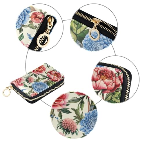 Vintage Pink Blue Florals Women Wallet Zip Around Card Holder Wallets RFID Blocking Small Coin Change Purse with Zipper4