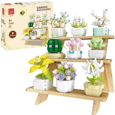 XMORK Succulent Plant Building Blocks Set, 9 Tiny Plants Kit with Display Frame for Botanical Collection and Decor, Succulents Bonsai Toy for Adults and Kids 6+, 854 PCS