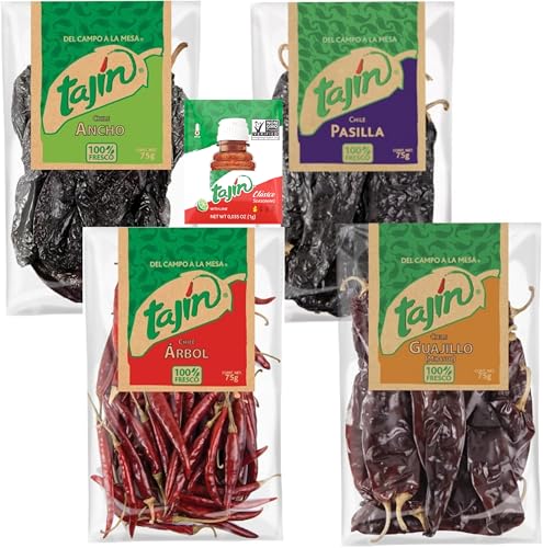 Tajin Mexican Dried Chillies Set Guajillo Ancho Arbol Pasilla 75g each | Tajin Sachet | Authentic Mexican Flavours | Chillies for Birria Sauces Marinades & Spice Blends | Pack of 5