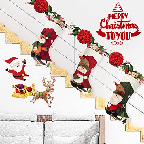 Aiduy Set of 3 Christmas Stockings 18" with 3D Santa Snowman Reindeer Xmas Stockings for Christmas Tree Fireplace Hanging and Party Decor