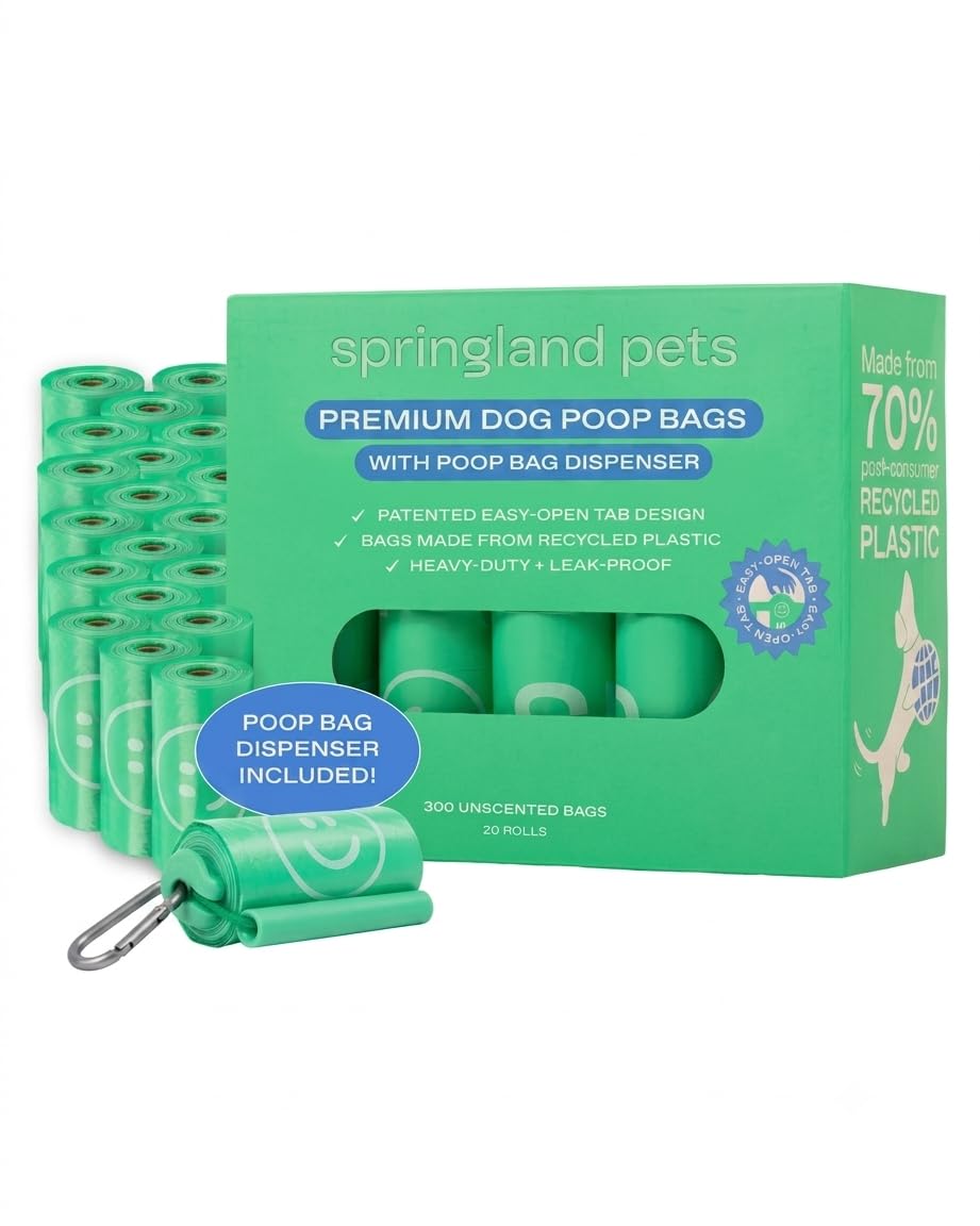 Springer Bolsas para excrementos de perro de alta calidad, 20 rollos (300 bolsas) + dispensador Springer Green, hechas de 70% plástico reciclado posconsumo, diseñadas con pestañas fáciles de abrir