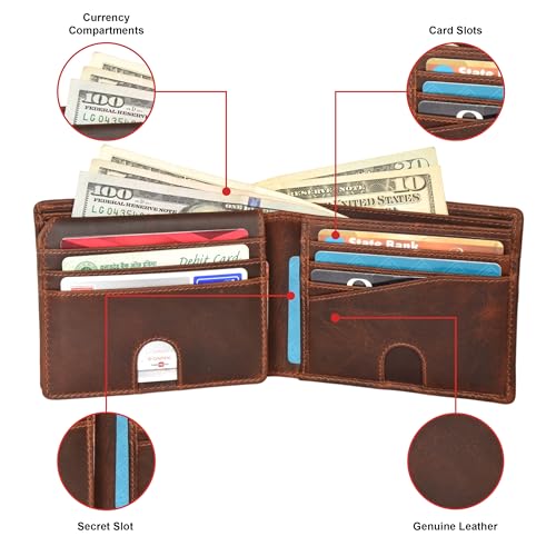Mens RFID Blocking Bifold Wallet Genuine Leather | Secure and Durable Extra Capacity Billfold with 13 Credit Cards, 1 Flip Up ID (Brown oil pullup)3