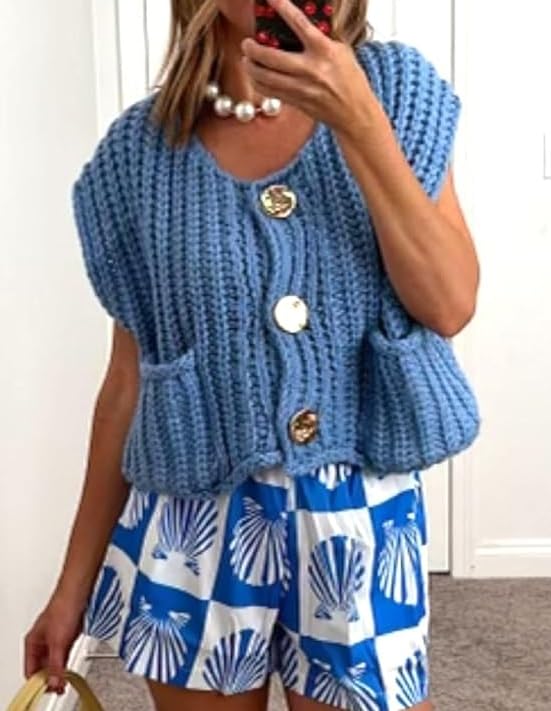 Image of UAURORAO Women Chunky Sweater Vest Button Down Crochet Cable Knit Cardigan Sleeveless Open Front Knitted Crop Waistcoat