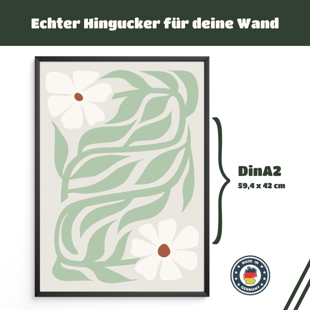 MJ-GRAPHICS® Blumen Poster Kunstdruck dekorativ Wandbild floral minimalistisch Weiß Grün Wohnzimmer Deko einladend erfrischend für stilvolles Ambiente A2 mit beigem Rahmen