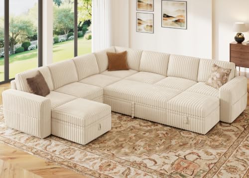 Image of HONBAY Modular Sectional Sleeper Sofa with Pull Out Bed Oversized Corduroy L Shaped Sofa Bed with Storage Couches for Living Room,Beige