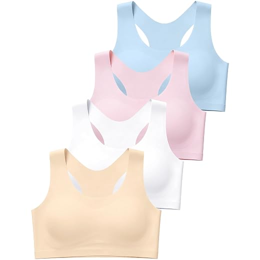 JOCMIC Girls Sports Bra Kids Racerback Training Bras with Sewn in Pads | 4 Packs, No-Show Bra, Wireless, Soft, Breathable, Stretchy, for Tween Youth
