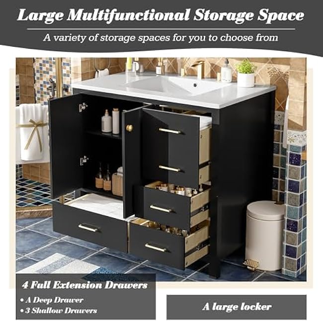Modern Bathroom Vanity with Ceramic Sink Combo, Solid Wood Frame Bathroom Storage Cabinet with 4 Drawers& Soft Closing Doors, Freestanding Vanity Set