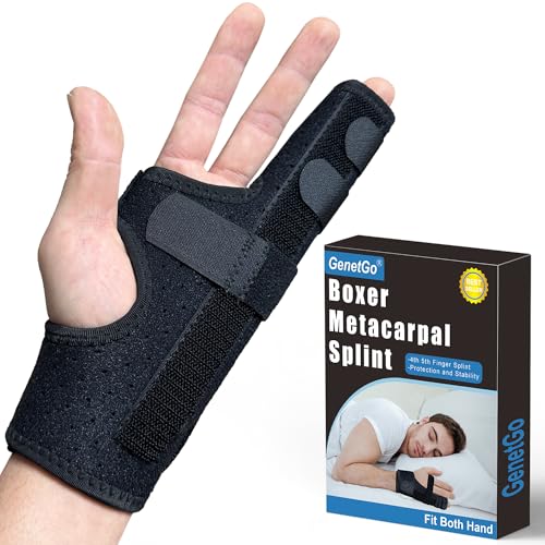 GenetGo Metacarpal Finger Splint Hand Brace - Pinky Ring Finger Immobilizer For Boxer Fractures -Fit for Both Left or Right Hand (Medium)