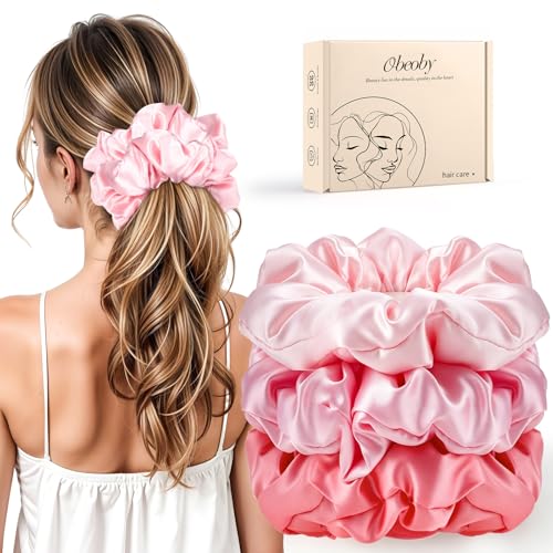 3 Pack Large Pink Satin Hair Scrunchies, 6 Inch Pillow Sleepy Hair Ties