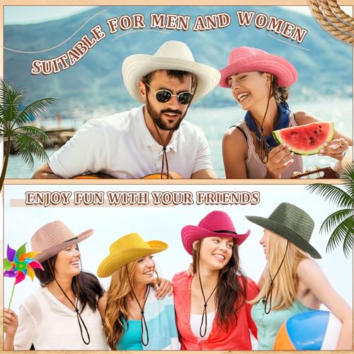 Image of Suhine 15 Pcs Straw Cowboy Hat for Men Women Colorful Western Hat Bulk Sun Protection Large Brim Cowgirl for Summer Seaside