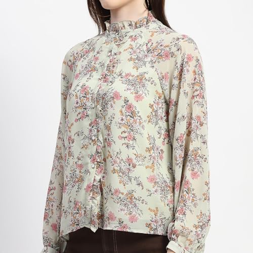 Image of Madame Frill Neck Button Down Mint Floral Print Top
