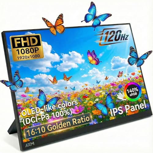 Image of AXM 16 inch Portable Monitor FHD IPS 120Hz Flicker-Free 400 Nits 140% sRGB(OLED-Like Colors) USB-C HDMI 2nd Monitor for Switch (Dock-Free), Windows, MacBook, Phone, Xbox