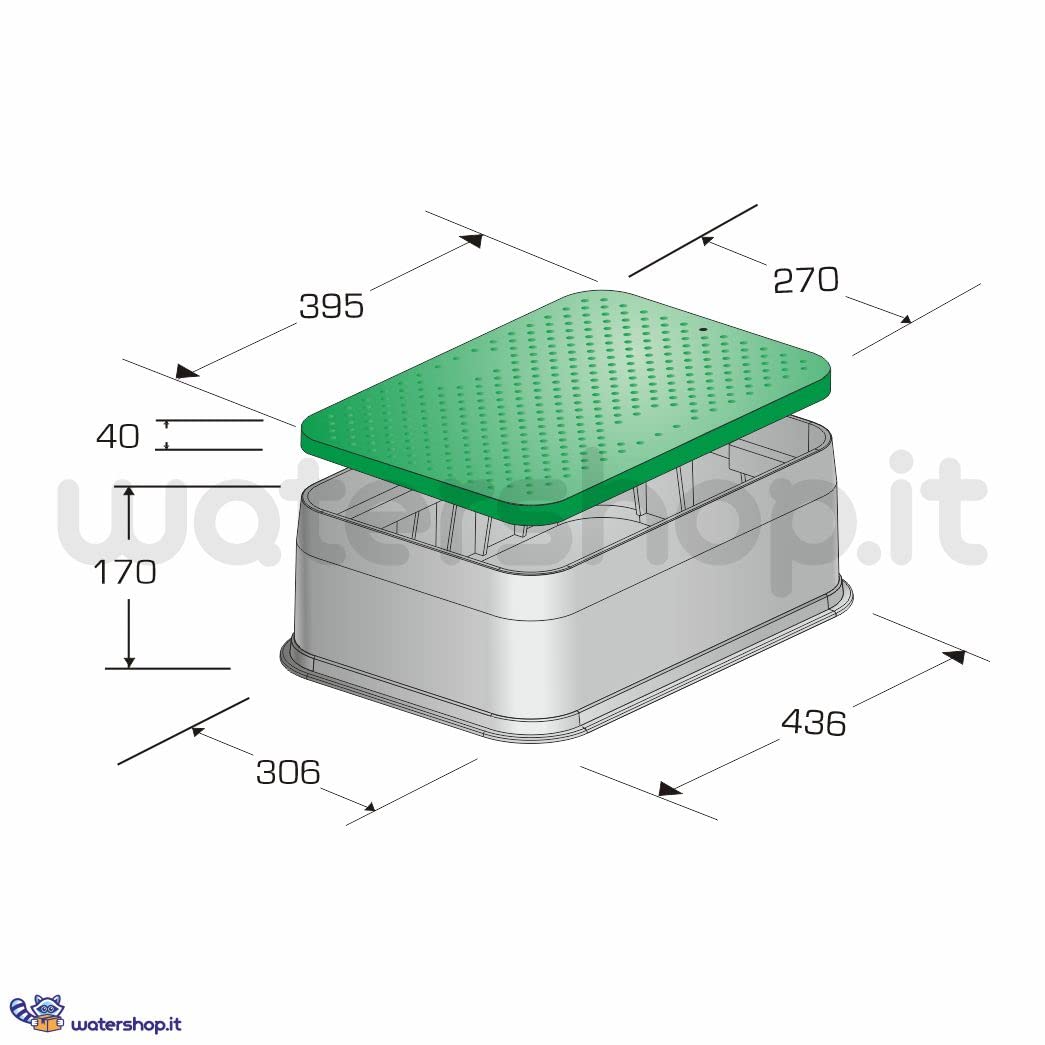 WaterShop PC401-MS38 Pozzetto rettangolare Mini Standard, Base: 30,6 x 43,6 cm, Coperchio: 26 x 38,5 cm; Altezza: 17 cm, Nero/Verde