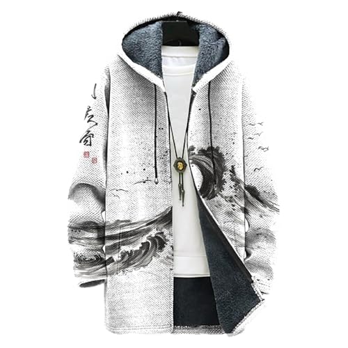 MARSVOVO Black Ocean Waves and Bird Print Japanese Jackets for Men Long Sleeve Oversize Fashion Cardigan Men Zip with Pocket Knit Lined Comfort fitted Warm Winter Long Coat Men L