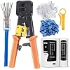 RJ45 Crimp Tool Ethernet Crimper for RJ45 Cat6 Cat5 Cat5e Pass Through Connectors and RJ12 Plug Ends with 50PCS Cat6 Connectors, Ethernet Cable Tester and Mini Wire Stripper
