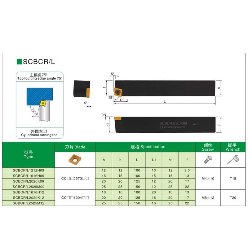 1pc SCBCR SCBCL SCBCR1212H09 SCBCR1616H09 SCBCR2020K09 SCBCR2525M09 External Turning Tool Holder for CCMT09 Carbide Inserts CNC Bar(SCBCL1212H09)