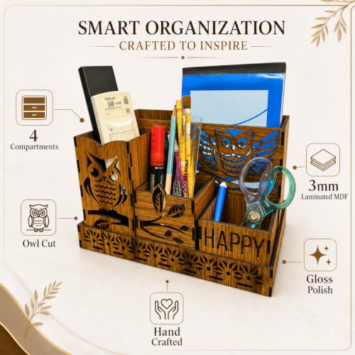 Image of Zesta Wooden Desk Organizer Pen Stand Remote Holder Card Slot | Table Accessory Office Desk Study Room | Pencil Storage Stand Stylish Workspace Decor (Nainteek, Owl Organiser)
