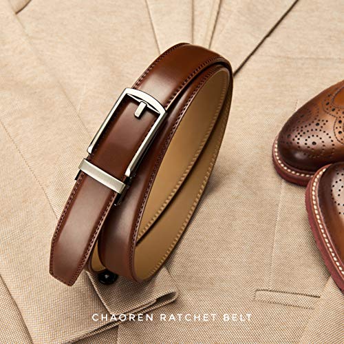 Image of Chaoren Leather Ratchet Belt 2 Pack Dress with Click Sliding Buckle 1 3 /8 inch in Gift Set Box - Adjustable Trim to Fit