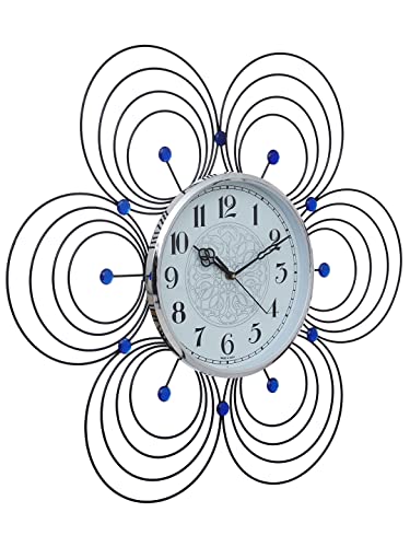 Image of CHRONIKLE Floral Design Analog Decorative Round Diamond Studded Crystal Metal Wall Clock for Living Room Home Decor Office Gifts (Size: 55 x 5 x 59 CM | Color: Blue | Weight: 1140 Gram)