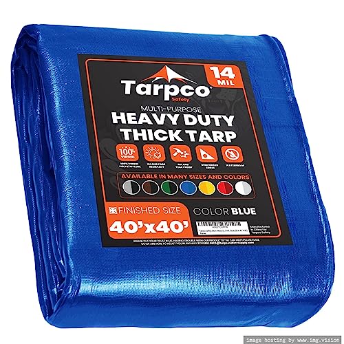 Image of Extra Heavy Duty 14 Mil Tarp Cover, Waterproof, UV Resistant, Rip and Tear Proof, Poly Tarpaulin with Reinforced Edges for Roof, Camping, Patio, Pool, Boat (Blue 40′ X 40′)