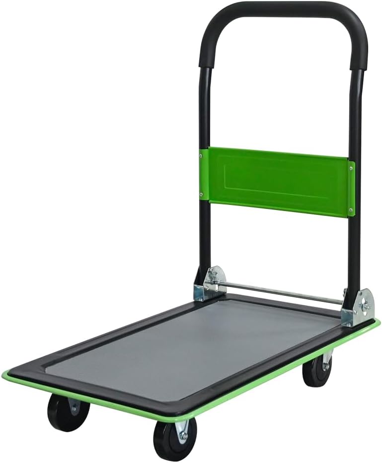 Heavy-Duty Foldable Platform Cart, 330 lb Capacity Utility Dolly with 4 Polyurethane Wheels and Tie-Down Rope, Compact Steel Trolley for Home Warehouse Work Use (Green + Steel)