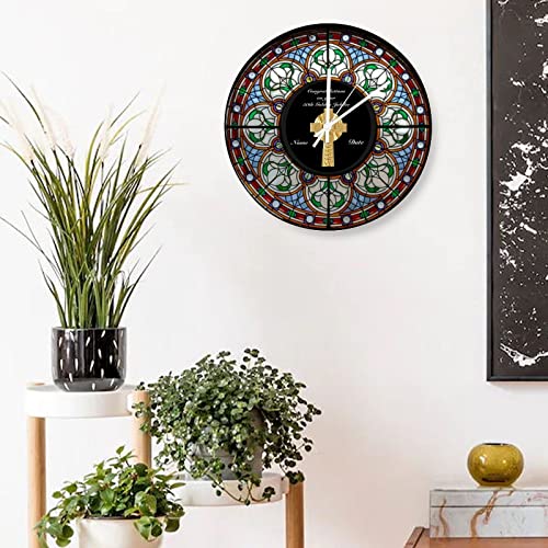 Decorative Silent No Ticking Wall Clock Priest Ordination Anniversary Stained Glass Cross Round Modern Wooden Clocks For Bedroom Living Room Home Office School Wall Art Decor, 15 Inches #TOP3