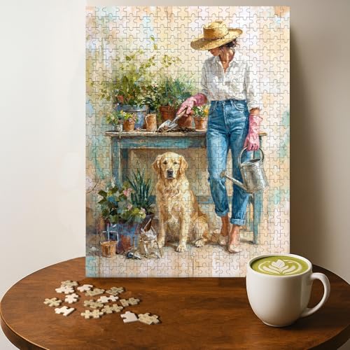 Casse-tête 500 pièces bois Chien et jardinage thérapie 20x15 po