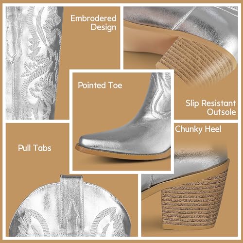 femflame Cowboy Boots For Women,Pointed Toe Embroidered Mid Calf Cowgirl Boots Pull On Zipper Chunky Heel Western Boots3