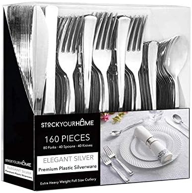 160 Pack Silver Plastic Cutlery Disposable Silverware - 80 Forks, 40 Knives, 40 Spoons - For Catering, Parties, Dinners, Weddings, and Everyday Use