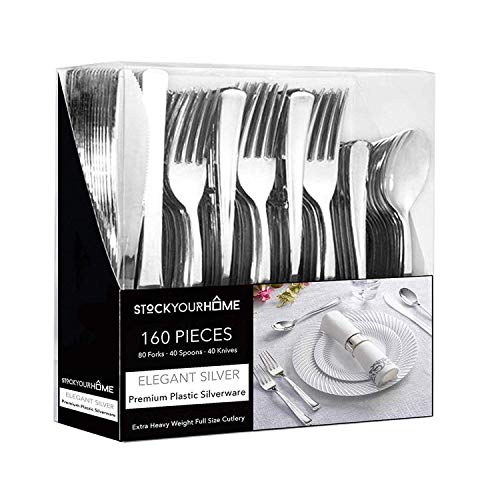 160 Pack Silver Plastic Cutlery Disposable Silverware – 80 Forks, 40 Knives, 40 Spoons – For Catering, Parties, Dinners, Weddings, and Everyday Use