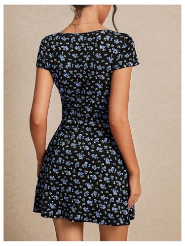 Image of Milumia Women's Boho Disty Floral Mini Dress Deep V Neck Short Sleeve A Line Short Dress Dark Blue