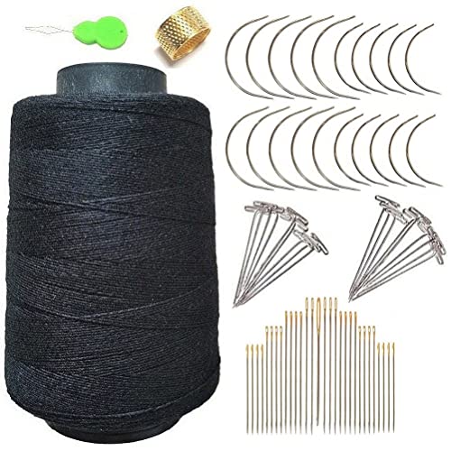 72PCS Hair Weave Needle and Thread Set Thick Black Hair Weft Sewing Thread and Wig T Pins C Curved Needles Kit for Wig Making Blocking Knitting Modelling and Crafts,With Needle Threader and Thimble