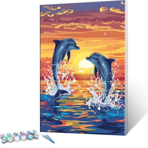 DIY 数字油絵 イルカ頭 Paint by Numbers 塗り絵 キット 大人 数字ぬりえ 子供の用数字塗り絵キャンバスクラフト数字 キャンバスアート ブラシとアクリル絵の具が入, インテリア リビング装飾, 女性へのギフト 80x100cm (フレー