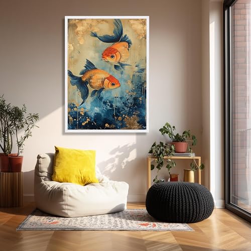 Tableau abstrait poissons rouges bleu et or 20x30cm - 4