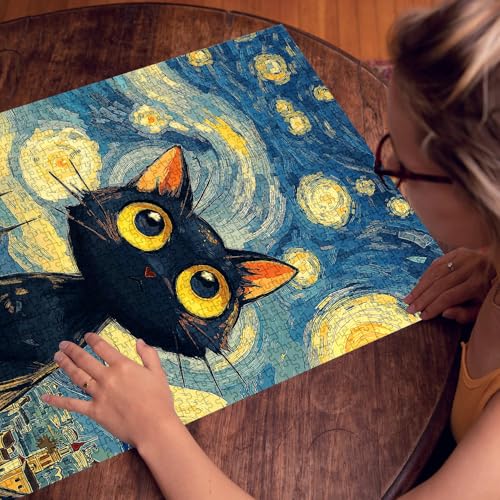 Puzzle de 1000 Piezas para Adultos, Gato Negro Noche Estrellada, Arte de Pintura al Óleo Inspirado en Van Gogh, Puzzle de Animalito para Juego Familiar y Decoración del Hogar (MZ408) miniatura 3