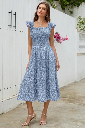 Image of Women's 2026 Spring Summer Floral Midi Dresses Square Neck Smocked Waist Beach Wedding Guest Long Flowy A Line Sundress