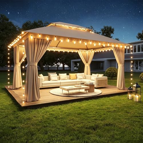 Aoxun 10x12 Outdoor Gazebo with 50FT LED Hanging Lights Metal