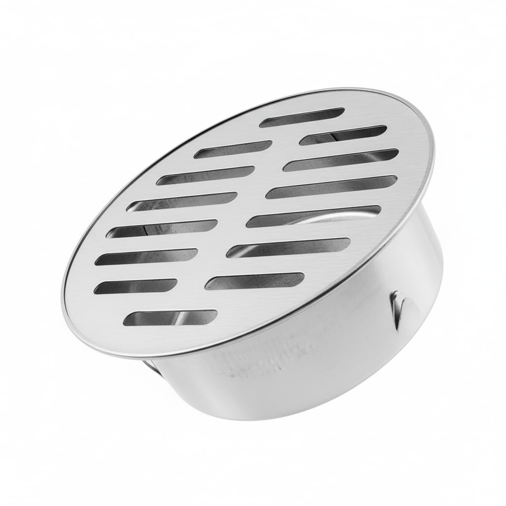 Bouchon de vidange de sol rond en inox argent pour extérieur et balcon
