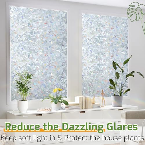 Image of LUTE Rainbow Window Privacy Film, Stained Cling, Silver, 17.5 inch x 118.1 inch | 3D Decorative Non-Adhesive Vinyl, Static Cling Removable Glass Stickers, Sun UV Blocking Decal Covering for Home Office