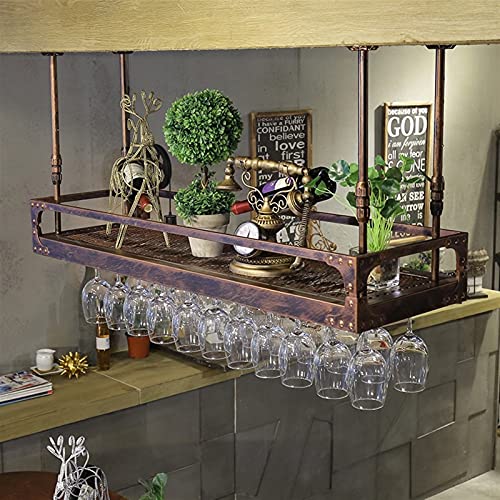 LUCEAE Estante de vino colgante de techo para copas de vino, soporte para botellas de vino, decoración para copas de vino, estante de latón/100 x 35 cm