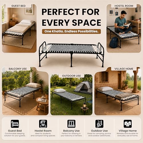 Image of Folding Bed Single for Sleeping 3x6 feet | Portable Foldable Cot for Adults | Heavy Duty Metal Khatiya Charpai Khatla Khatlo Khat| Space Saving Guest Bed for Home, Hostel, PG & Travel Use