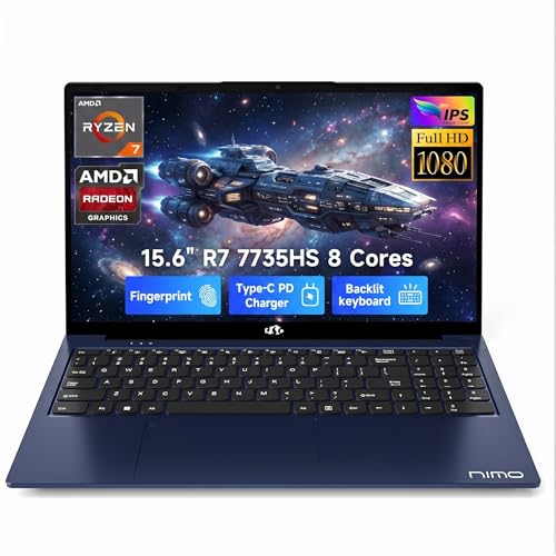 Image of NIMO Gaming Laptop, AMD Ryzen 7 7735HS 8 Cores (Up to 4.75GHz) 15.6 inch FHD, 32GB DDR5 RAM 1TB SSD, Radeon 680M Graphics, 100W Type-C, Backlit Keyboard, Fingerprint, 180 Views, Windows 11 Computer