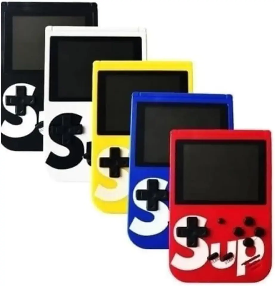 Mini Game Portátil Sup Game Box Plus com 400 Jogos, espelhamento da imagem e áudio na TV. Temos ele na cor Preto, Azul, Vermelho e Branco, acompanha os cabos e a bateria.