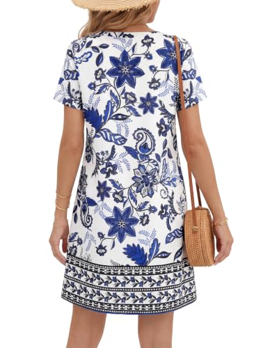 Image of OPOIPIN Women's Floral Print Boho Mini Dress | Summer Square Neck Short Sleeve Beach Vacation Sundresses with Pockets