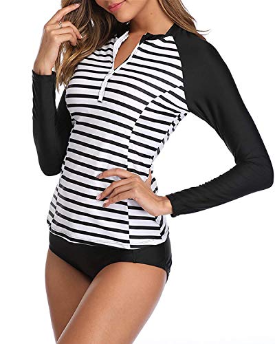 image for Daci Women Stripe 2 Piece Rash Guard Long Sleeve Zipper Bathing Suit w