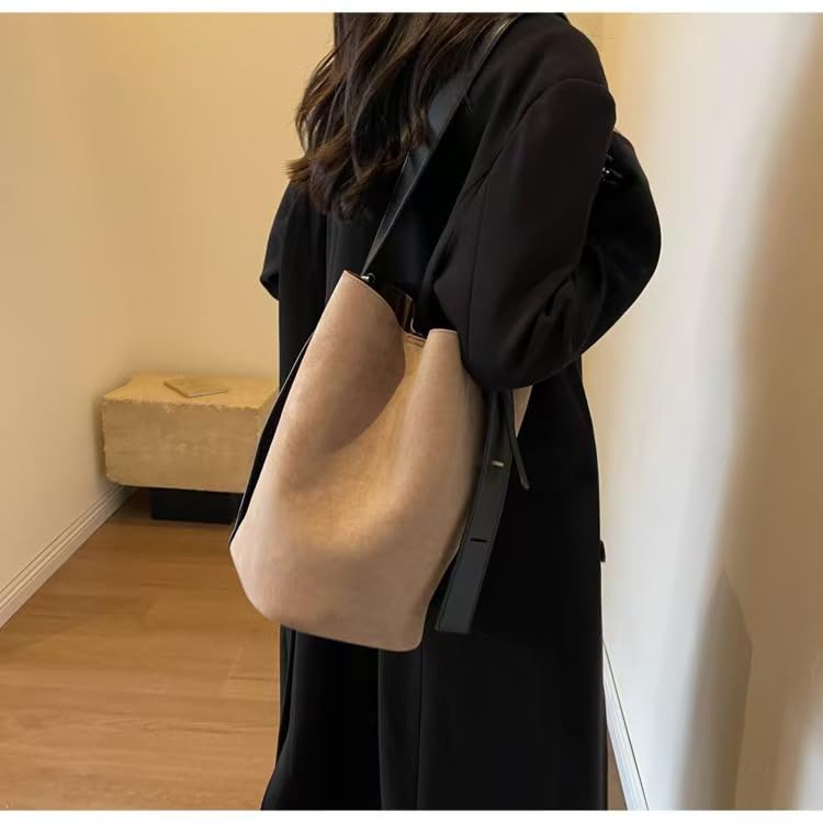 Image of Women Suede Bucket Shoulder Bag Fashion Vegan Leather Slouchy Hobo Bag Office Tote Handbag Crossbody Designer Purse