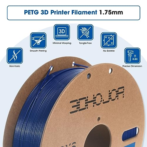 Image of 3DHoJor PETG Filament 1.75mm Solid Blue, 3D Printing Filament 1kg Spool(2.2lbs), 3D Filament 1.75mm Dimensional Accuracy + /- 0.03mm Non Tangling Non Clogging Non Stringing,Print with Most 3D Printers
